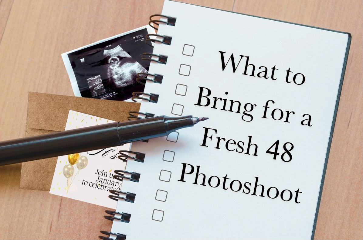 Open notebook on a table. Text on the notebook reads: "what to bring for a fresh 48 photoshoot"