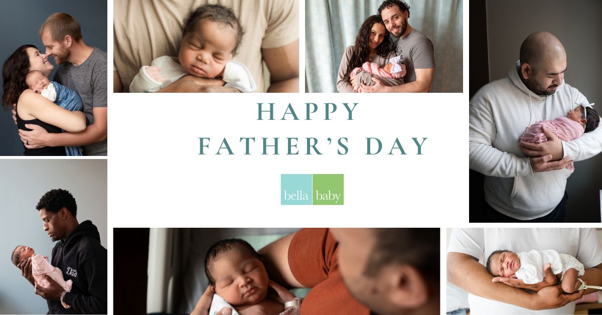 Collage of fathers & their newborn babies. In the center text reads: Happy Father's Day